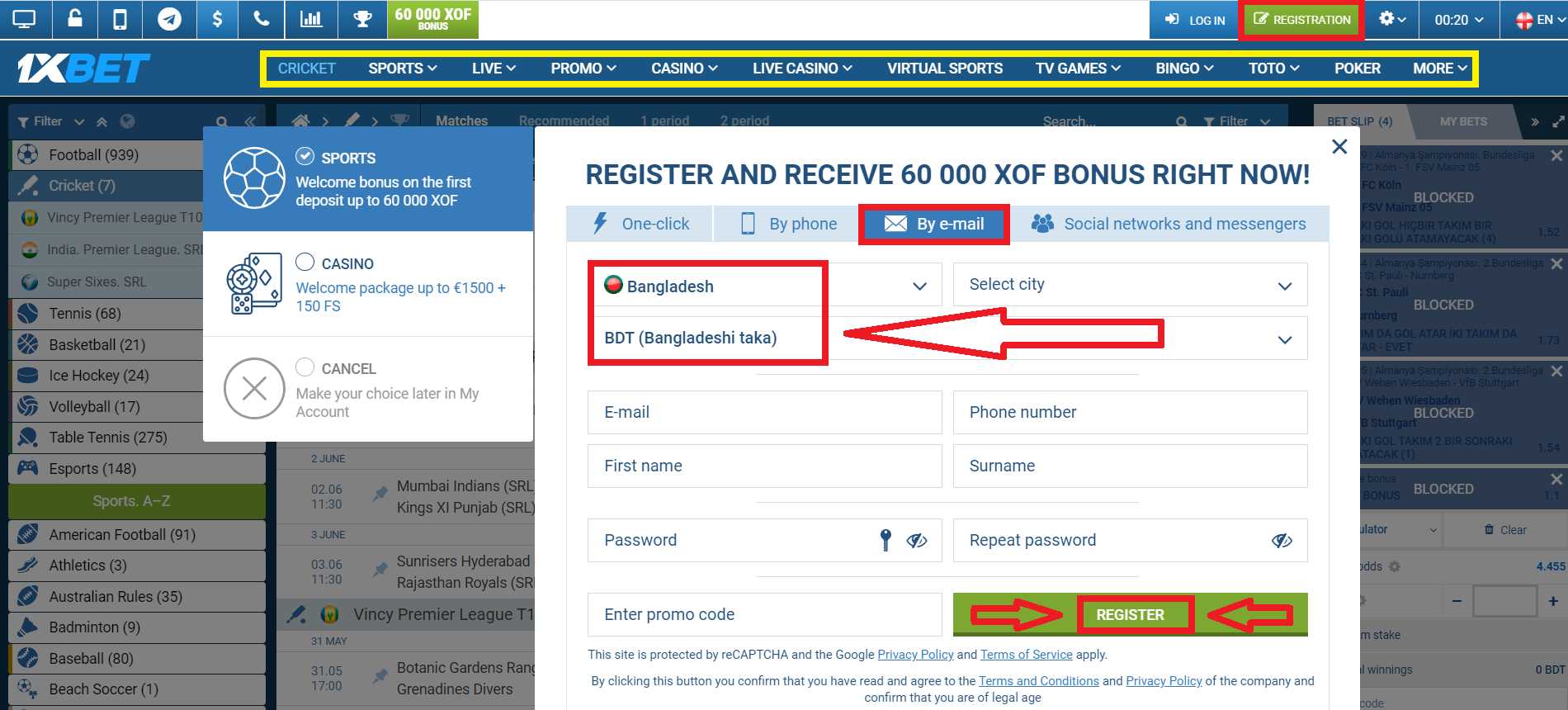 1xBet Account Registration